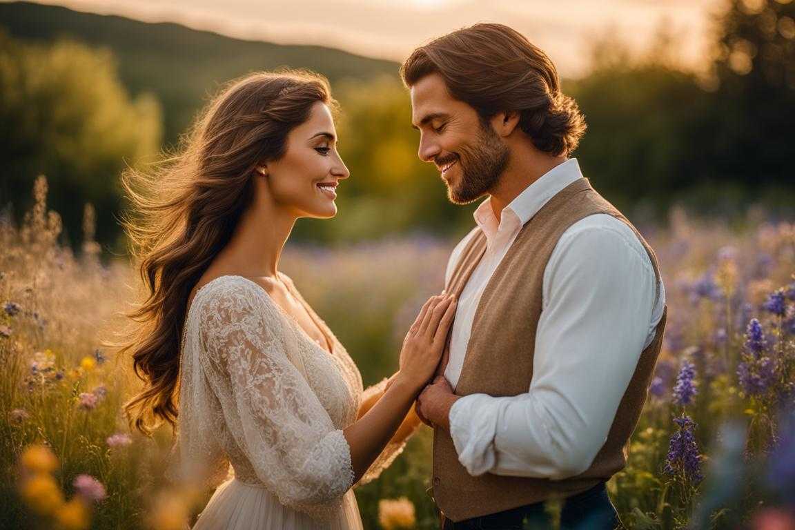 couple-standing-in-a-field-of-wildflowers-embracing-faces-turned-towards-each-other-surrounded-by