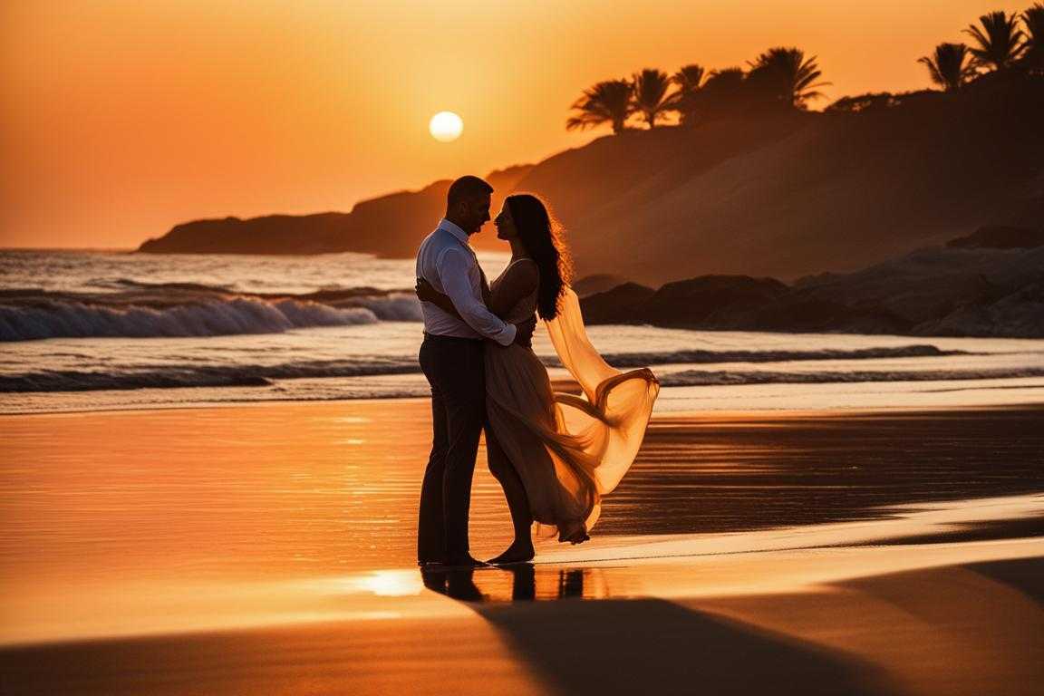 couple-standing-on-a-beach-at-sunset-vibrant-hues-of-the-setting-sun-arms-wrapped-around-each-othe