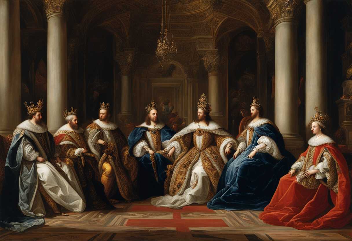 Newly-crowned-monarchs-in-regal-attire-pray-humbly-at-opulent-coronation-surrounded-by-grandeur_vorv