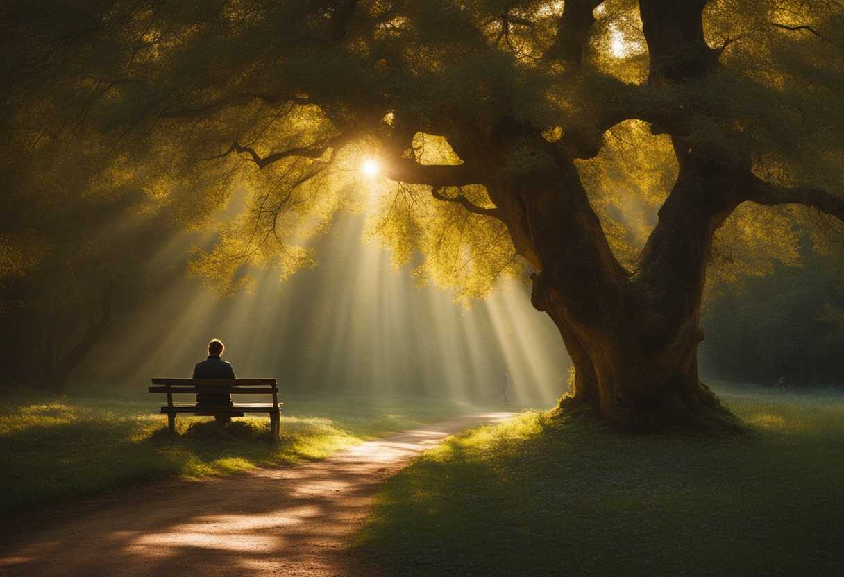 A-serene-landscape-gentle-sunlight-filtering-through-trees-a-person-reflecting-in-peaceful-contemp_nlpw