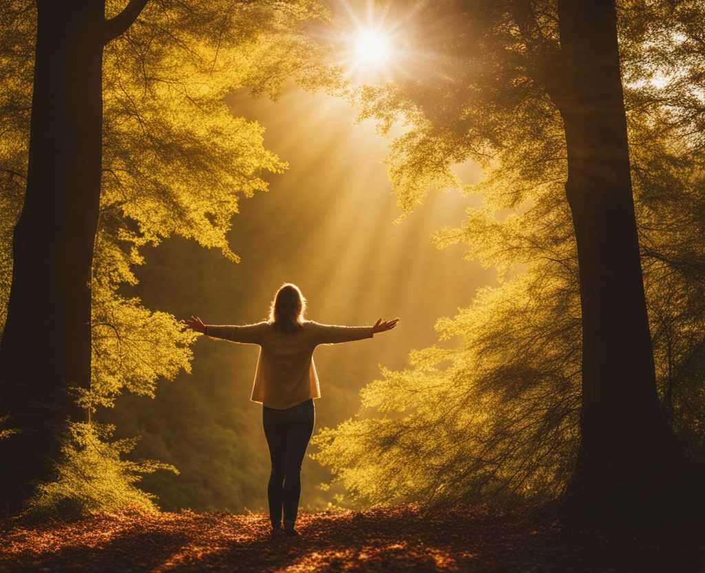 person-and-nature-arms-outstretched-face-lifted-towards-the-sky-sunlight-filters-through-the-leav