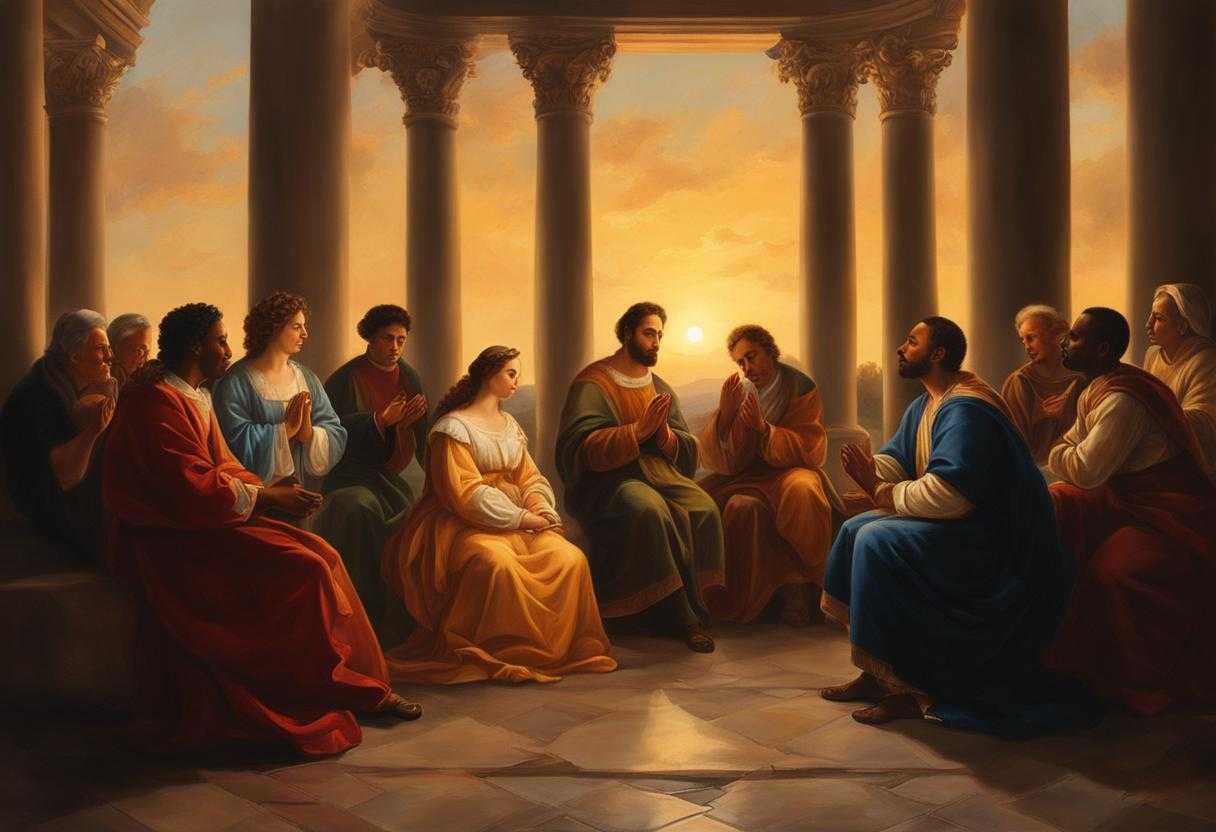 A-diverse-group-prays-together-at-sunset-faces-aglow-with-unity-and-devotion_nduu