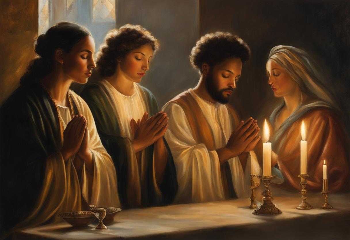A-diverse-group-prays-together-faces-aglow-in-soft-light-embodying-faith-unity-and-peace_zhnx