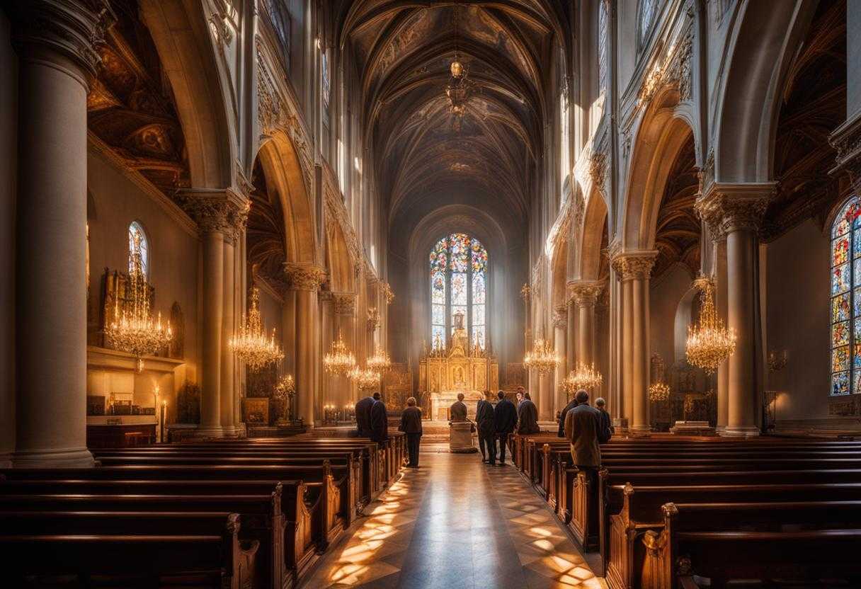 People-in-a-church-morning-light-filtering-through-stained-glass-praying-together-with-serene-focu_rmly