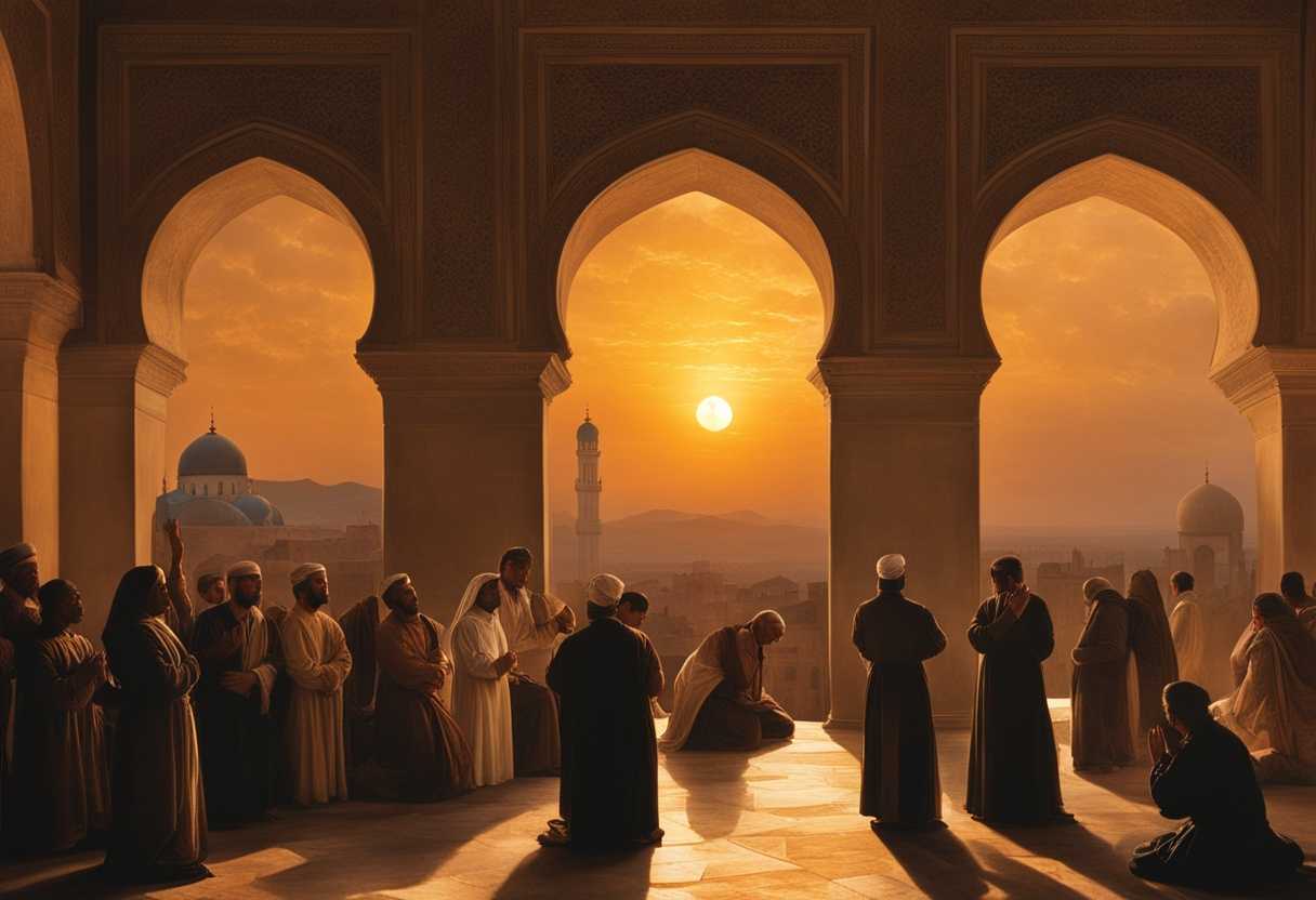 People-gather-in-a-mosque-courtyard-at-sunset-hands-raised-in-prayer-faces-glowing-with-devotion_zcwq