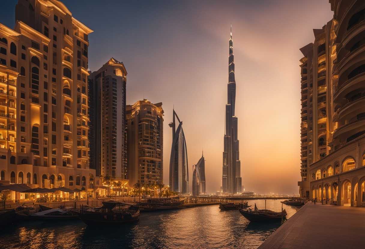 Serene-skyline-of-Dubai-at-dusk-illuminated-buildings-peaceful-atmosphere-prayer-flags-fluttering_mods