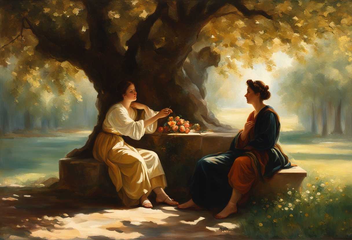 Two-friends-sharing-heartfelt-words-under-a-blooming-tree-sunlight-filtering-through-leaves-serene_qtpt