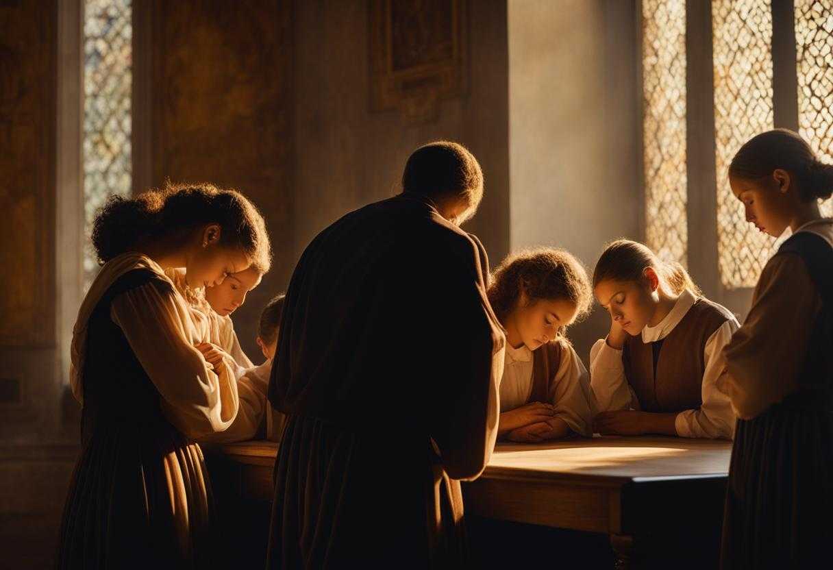 students-and-teacher-standing-in-a-circle-heads-bowed-in-prayer-soft-light-filtering-through-the-c