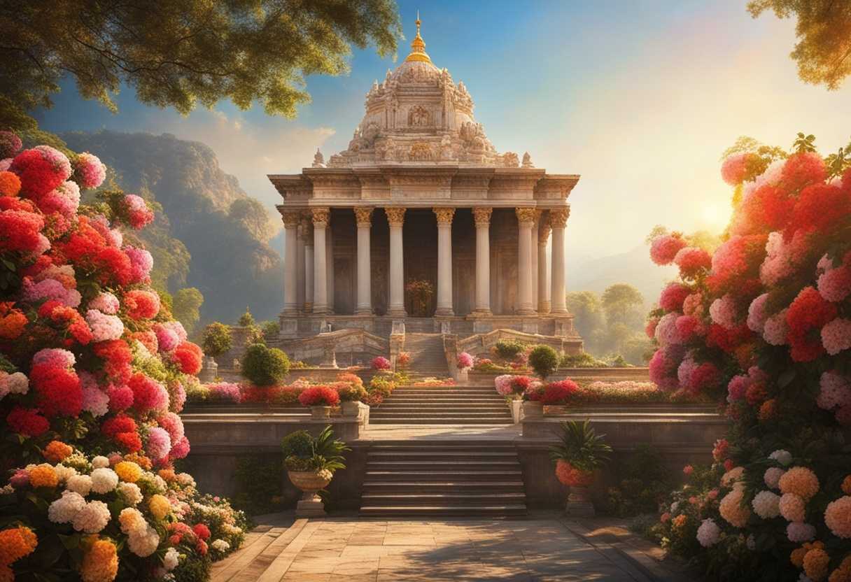 Majestic-temple-adorned-with-vibrant-flowers-sunlight-streaming-worshippers-in-reverent-celebratio_puxi