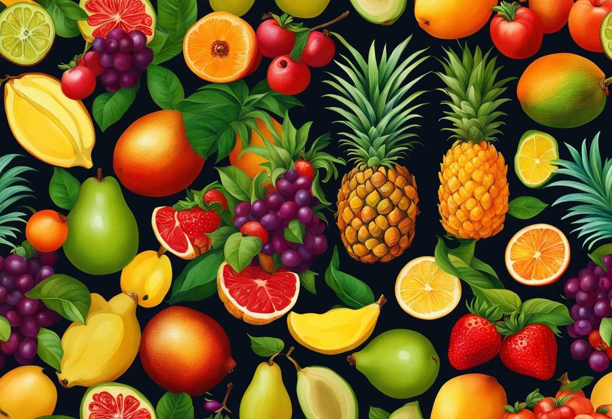 Colorful-tropical-fruits-arranged-artfully-lush-greenery-bright-sunlight-inviting-atmosphere-vib_lrvd