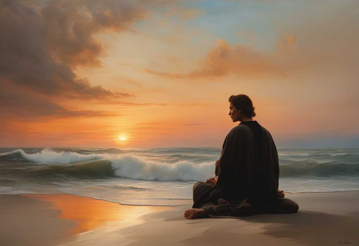 Serene-figure-meditating-on-a-beach-gentle-waves-lapping-soft-sunset-glow-peaceful-atmosphere_ybqn