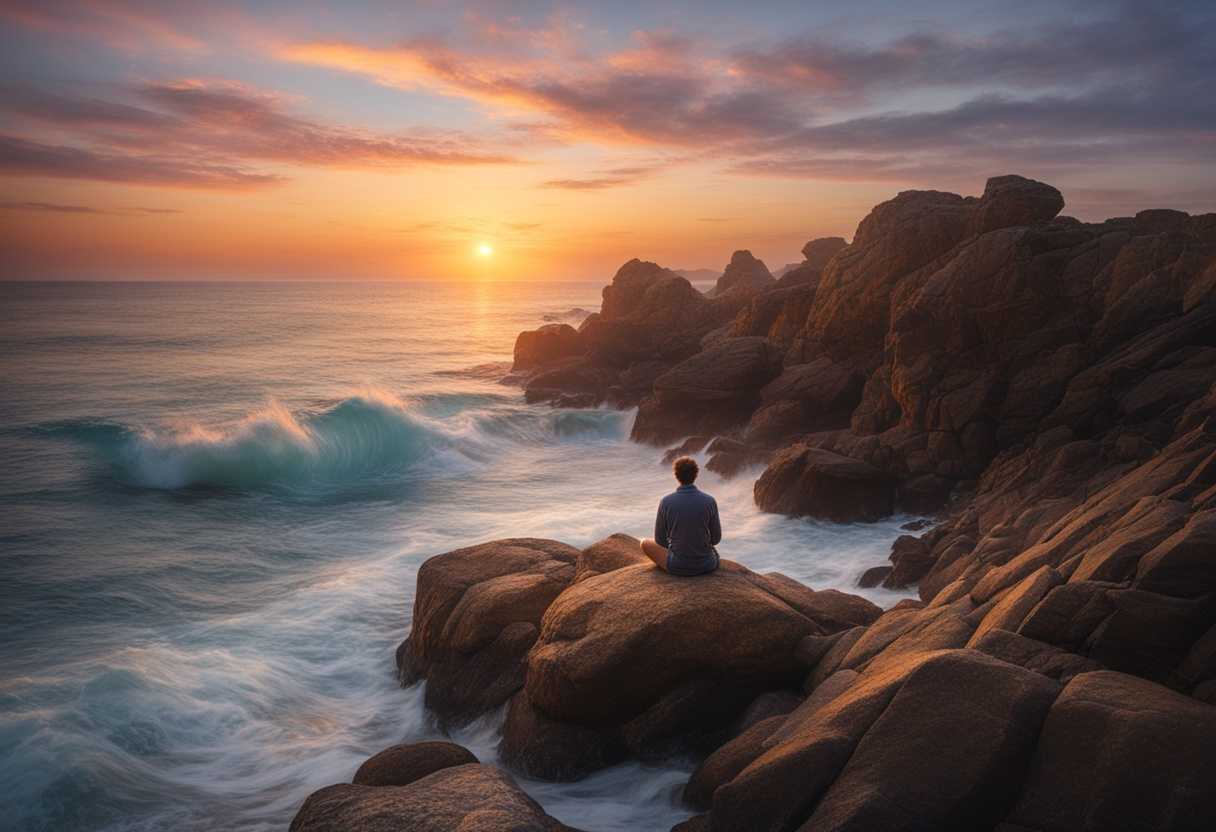 Serene-ocean-waves-tranquil-sunset-peaceful-figure-meditating-on-a-rocky-shore-soft-colors-harmo_ggxz