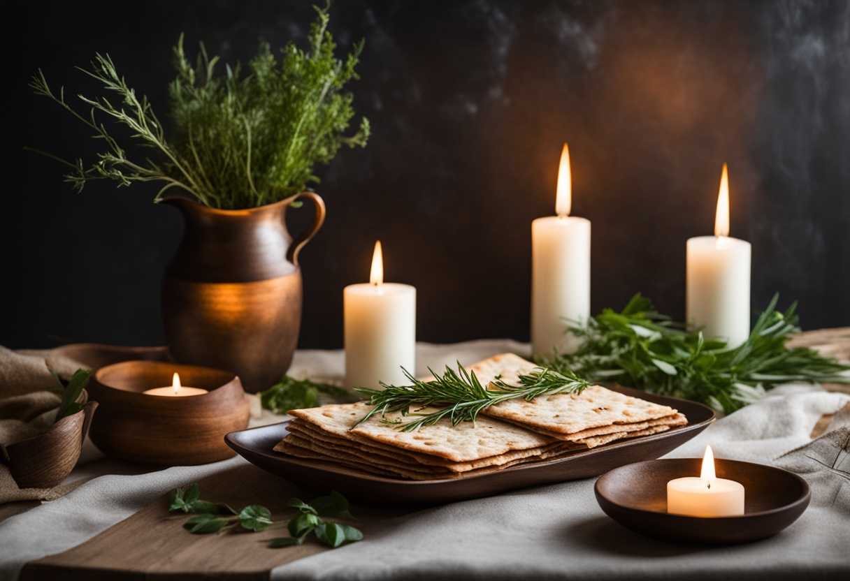 A-rustic-table-with-homemade-matzah-fresh-herbs-and-candles-evoking-warmth-and-simplicity_lplp