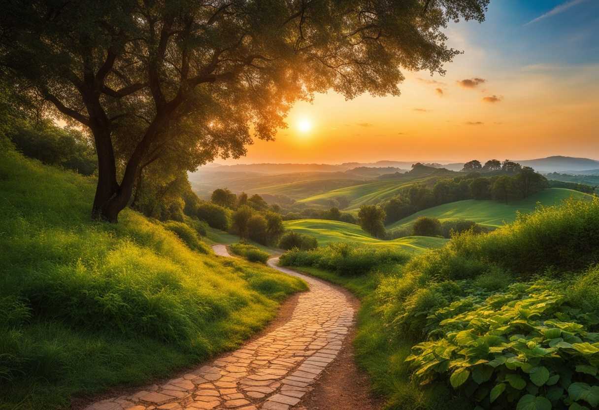 A-vibrant-sunrise-over-a-winding-path-symbolizing-hope-and-adventure-lush-greenery-serene-atmosph_bjdt