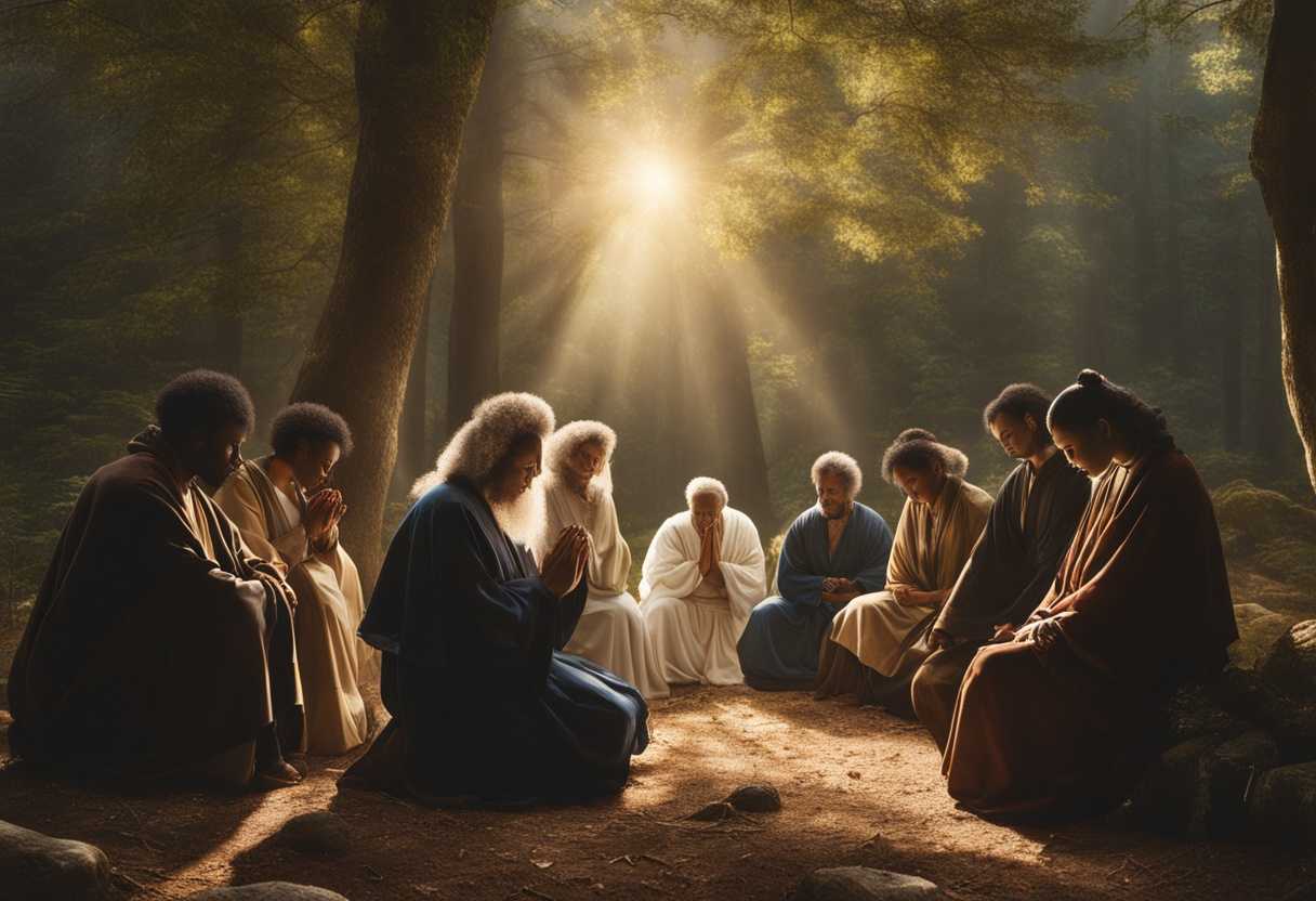 A-diverse-group-of-individuals-pray-together-in-a-sunlit-forest-embodying-unity-and-spirituality_mzou