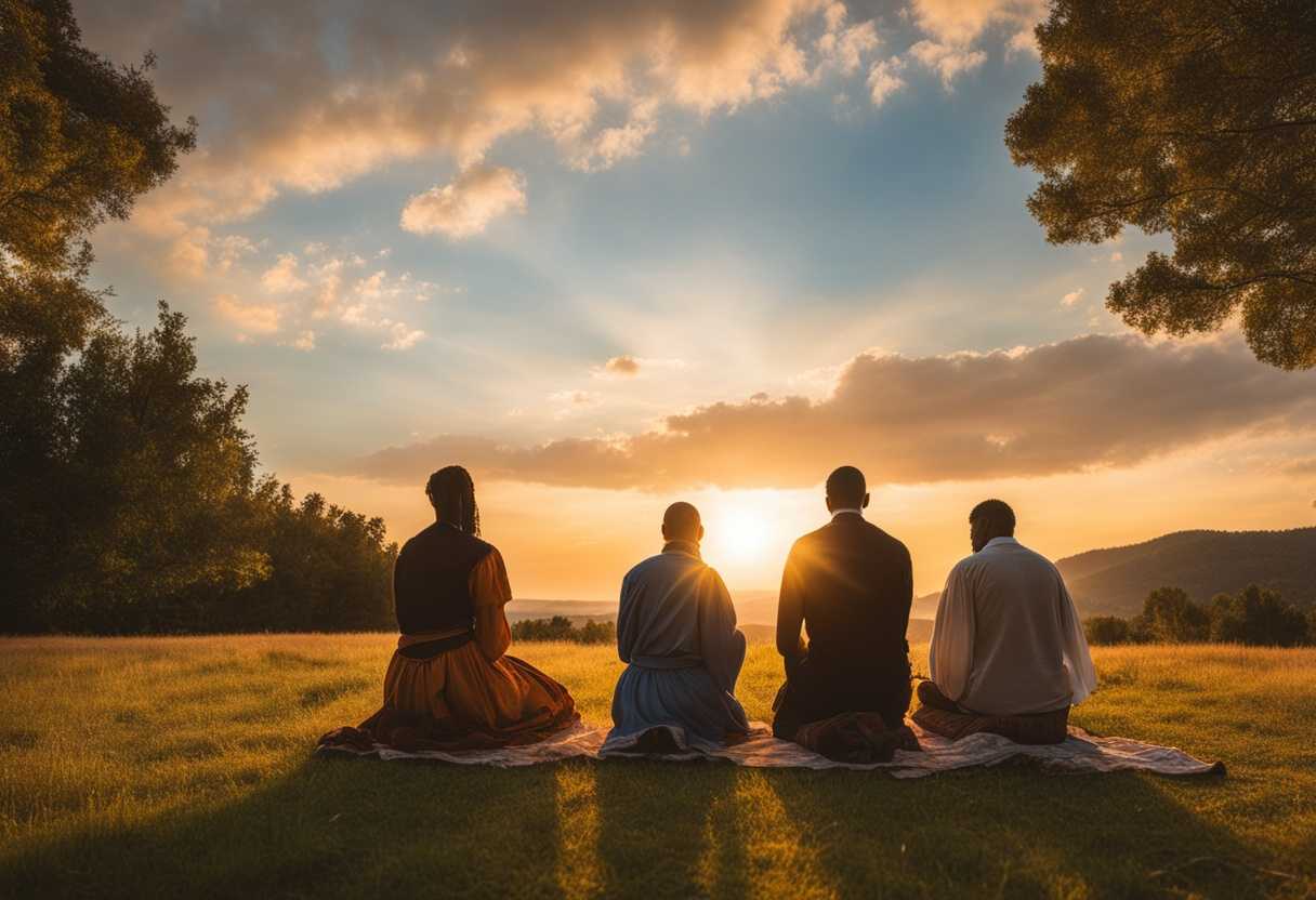 A-diverse-group-of-individuals-pray-together-at-sunset-surrounded-by-nature-radiating-unity-and-fa_piyr