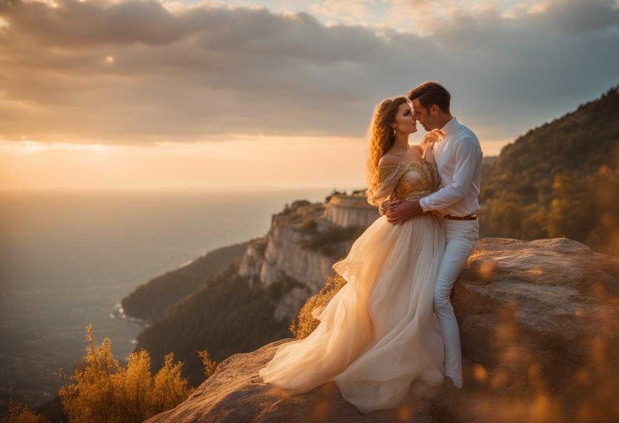 Couple-embraces-on-cliff-at-sunset-surrounded-by-golden-light-and-serene-beauty_nklx