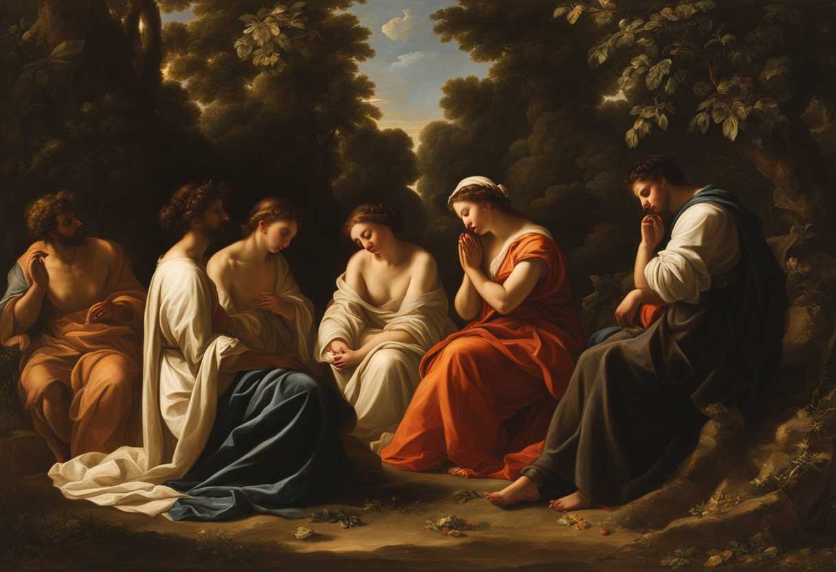 A-diverse-group-prays-under-sunlight-united-in-faith-surrounded-by-nature's-tranquility_okco