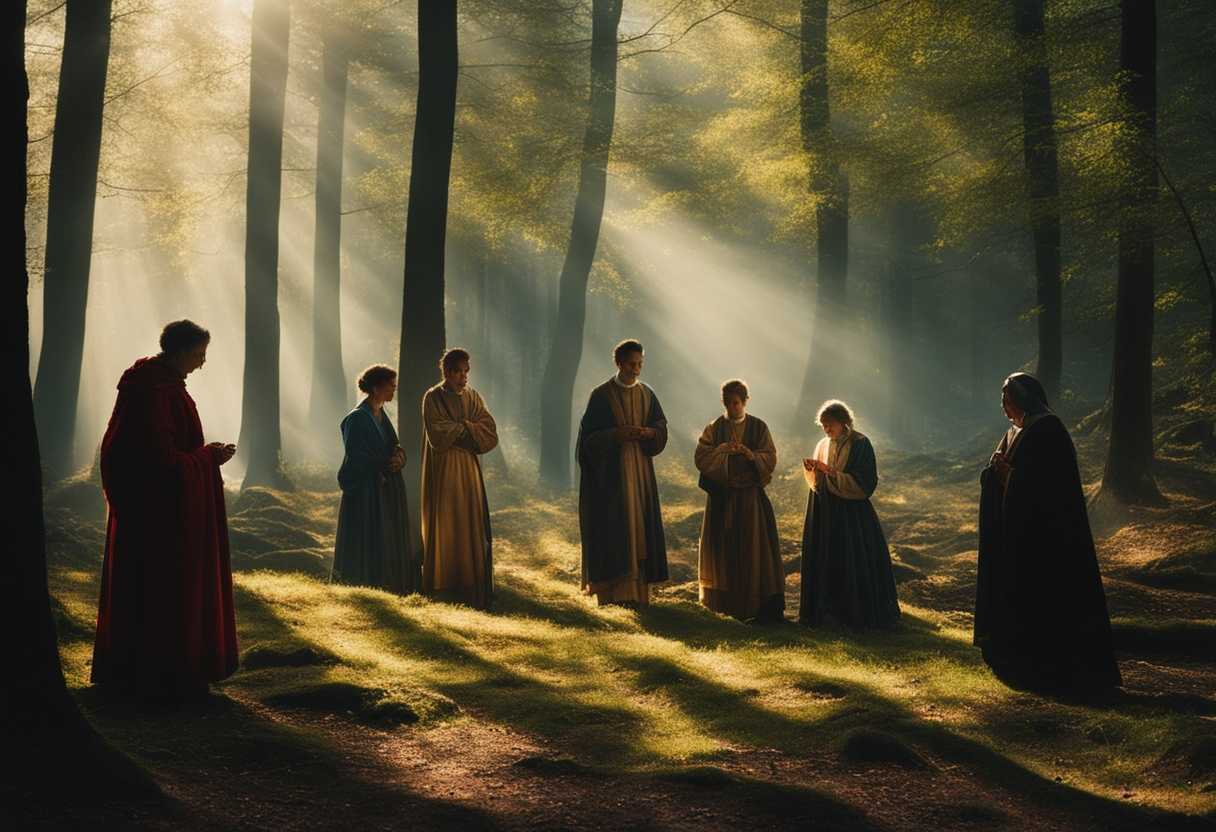 People-pray-in-sunlit-forest-clearing-during-Easter-hands-clasped-in-reverence-ethereal-atmosphere_zcqy