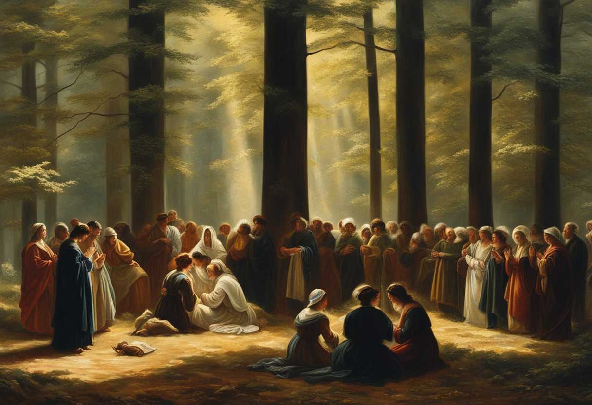 People-gather-in-a-sunlit-forest-clearing-praying-together-in-peaceful-unity-and-spiritual-connecti_vnib