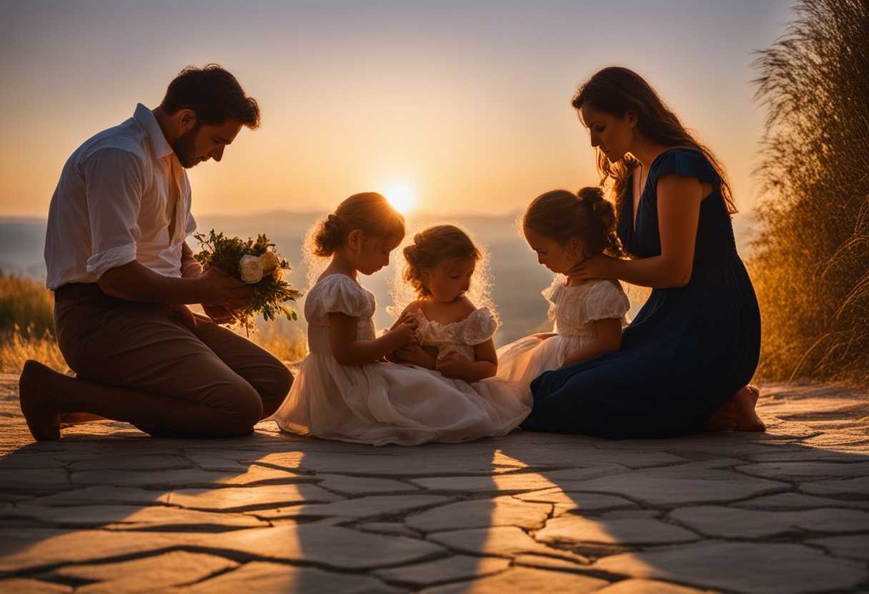 Family-circle-at-sunset-children-fidget-parents-serene-heads-bowed-in-prayer-natural-beauty_pwnq