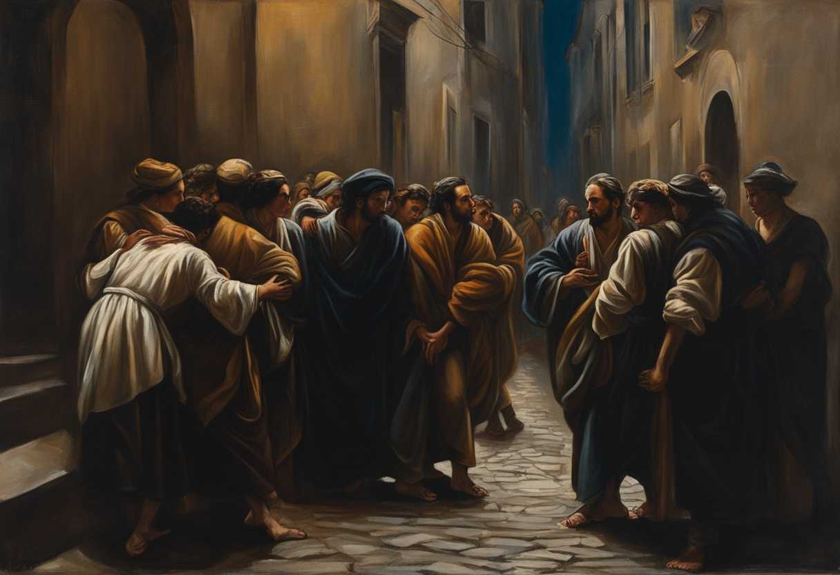 Huddled-in-a-dim-alley-tense-individuals-form-a-protective-circle-embodying-fear-and-solidarity_vzaw