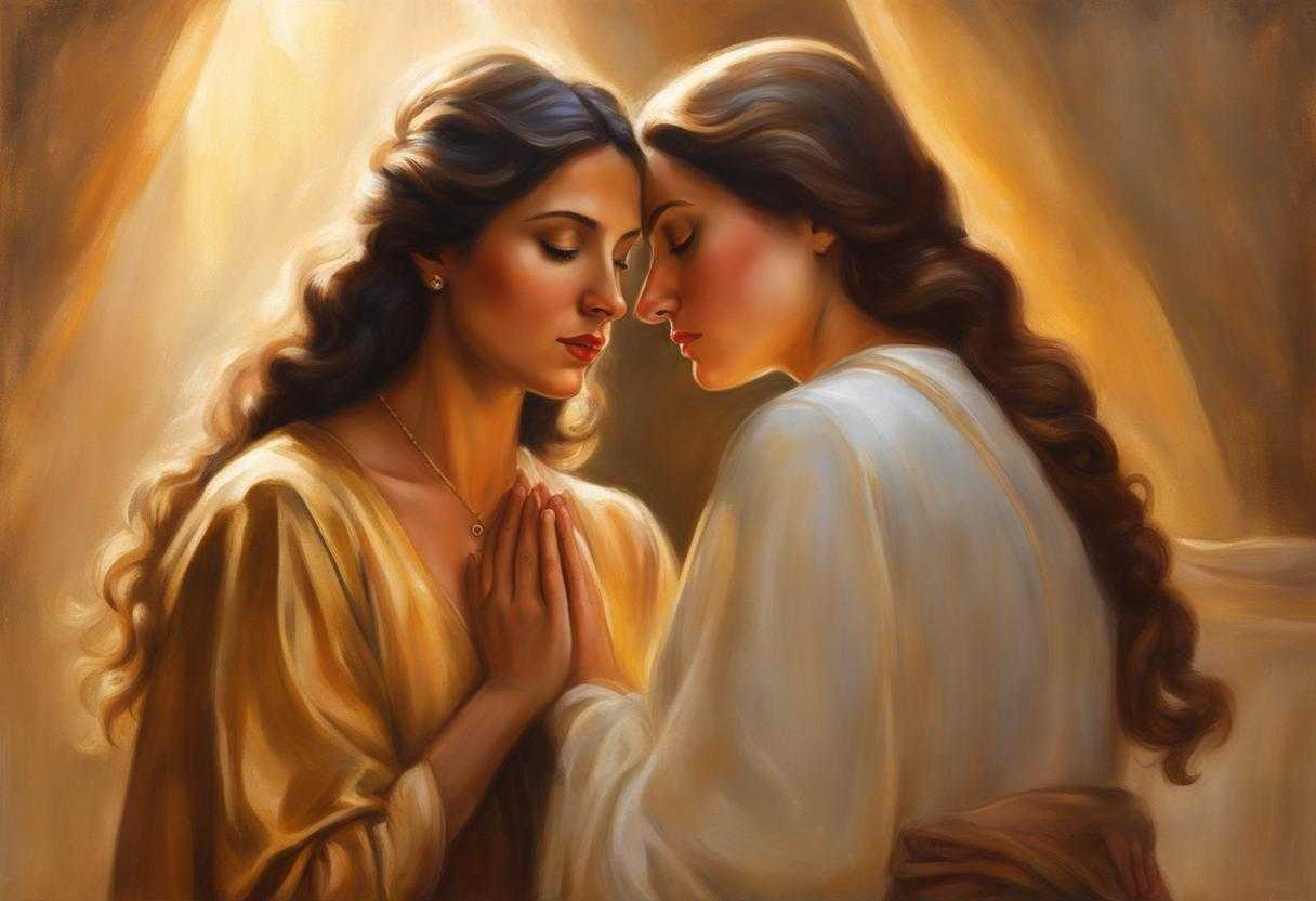 mother-and-daughter-standing-in-a-beam-of-soft-golden-light-heads-bowed-in-prayer-candid-intimat_cajc