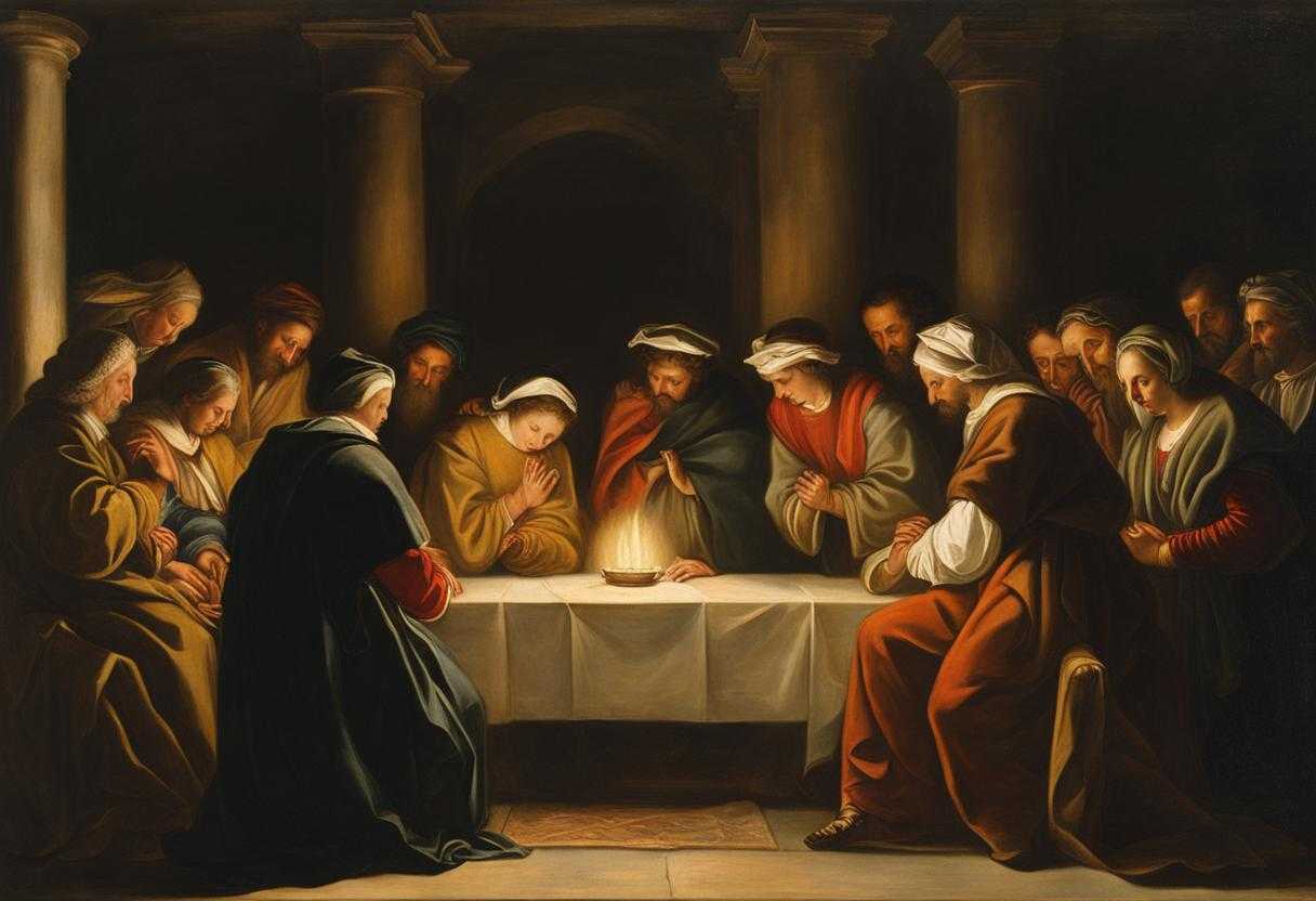 Pilgrims-gather-in-a-circle-heads-bowed-in-prayer-faces-aglow-by-candlelight_spln