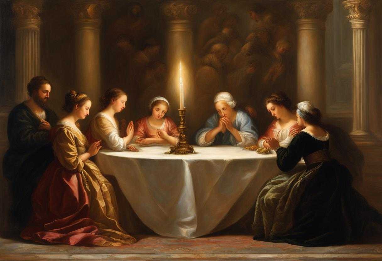 Family-circle-in-prayer-heads-bowed-soft-light-serene-atmosphere-intimate-moment-of-gratitude_skve