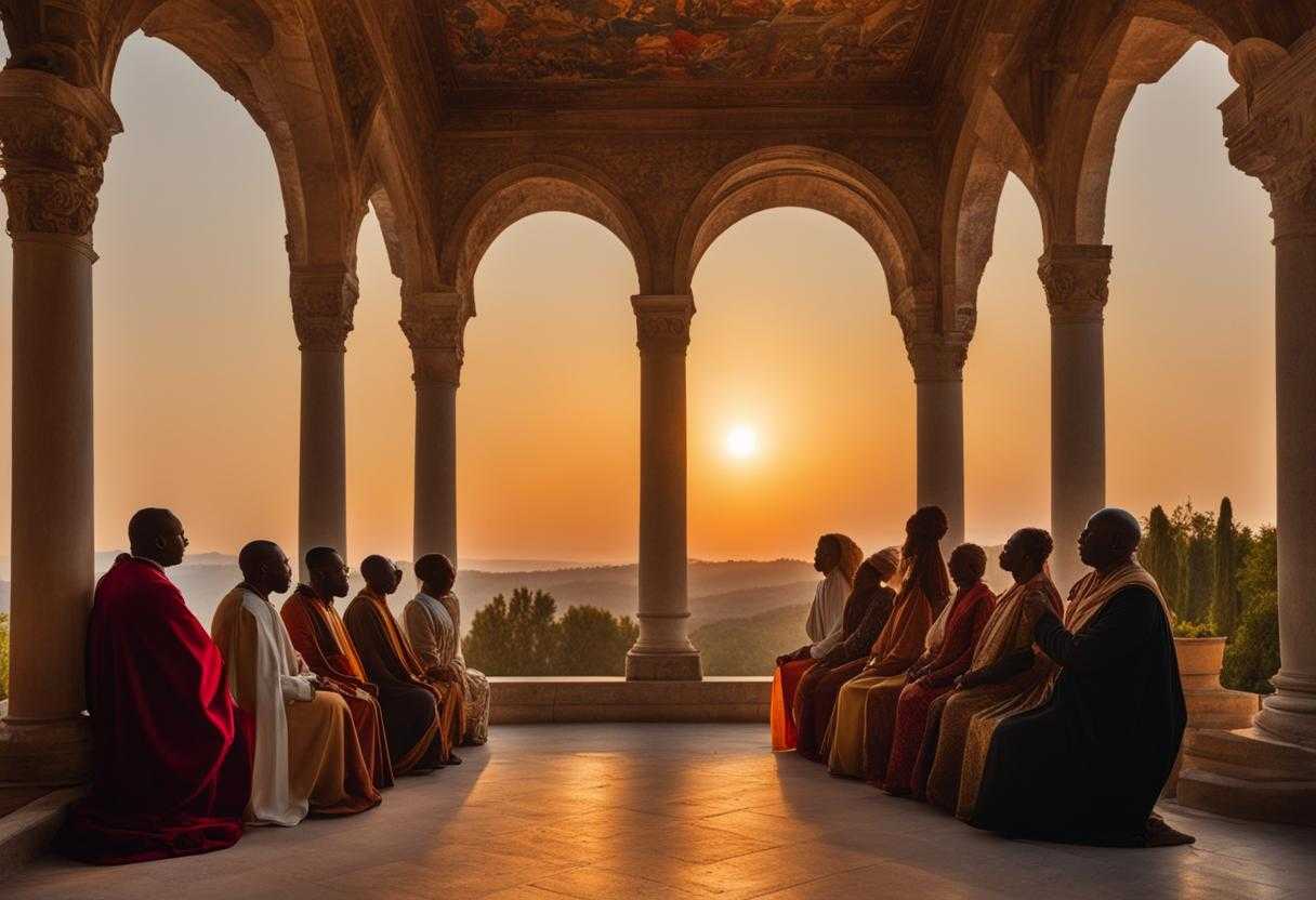 A-diverse-group-prays-together-at-sunset-radiating-peace-and-unity-in-devotion_qwmt