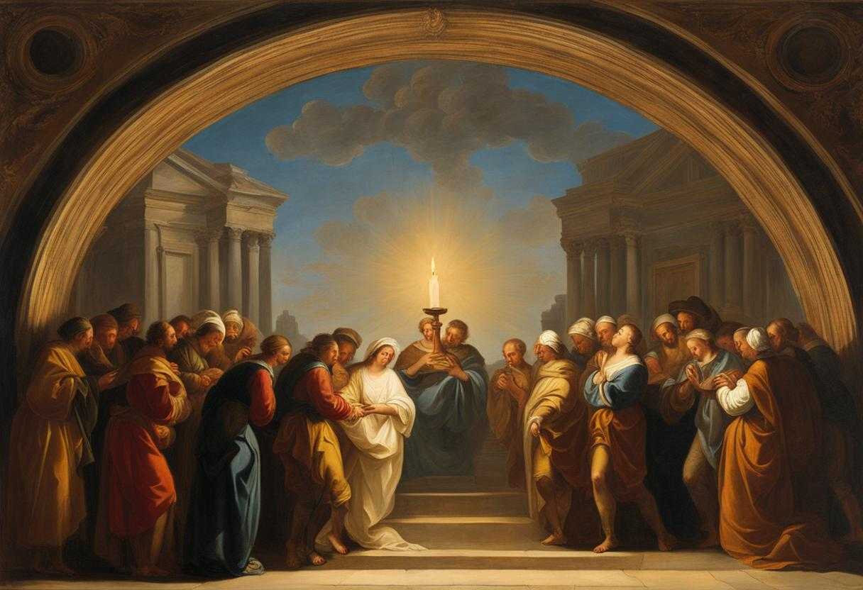 Pilgrims-in-a-circle-heads-bowed-in-candlelit-prayer-seeking-guidance-and-strength-together_blik