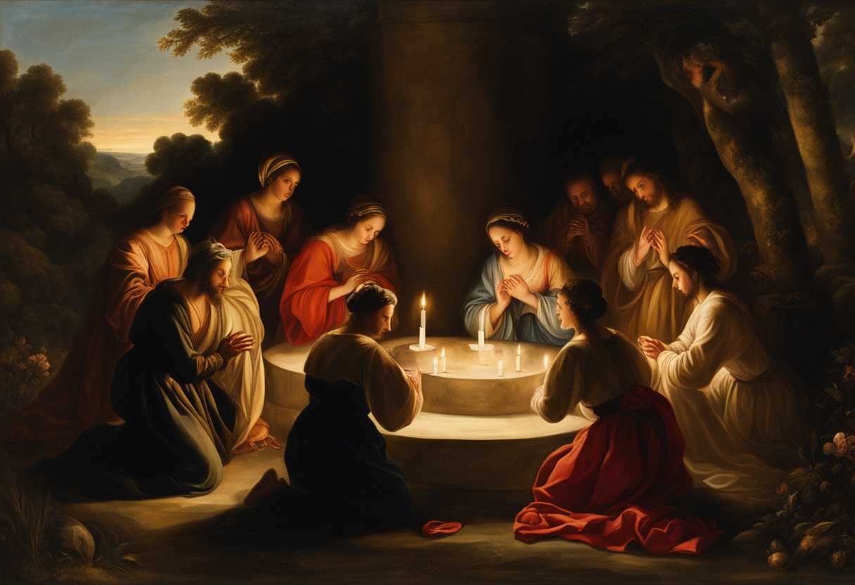 A-serene-circle-of-diverse-individuals-praying-surrounded-by-nature's-calming-embrace-and-flickerin_mqun