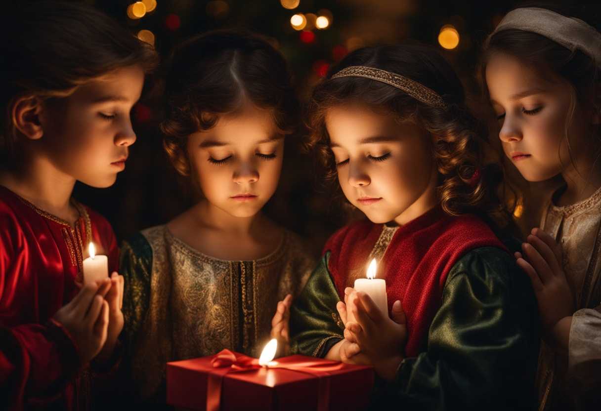 Children-praying-with-closed-eyes-tears-and-hopeful-expressions-receiving-Christmas-gifts-in-warm-_sscy