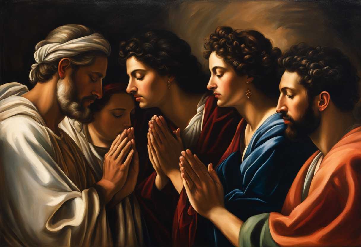 A-diverse-group-of-individuals-pray-together-heads-bowed-hands-raised-united-in-spiritual-devotio_cykh