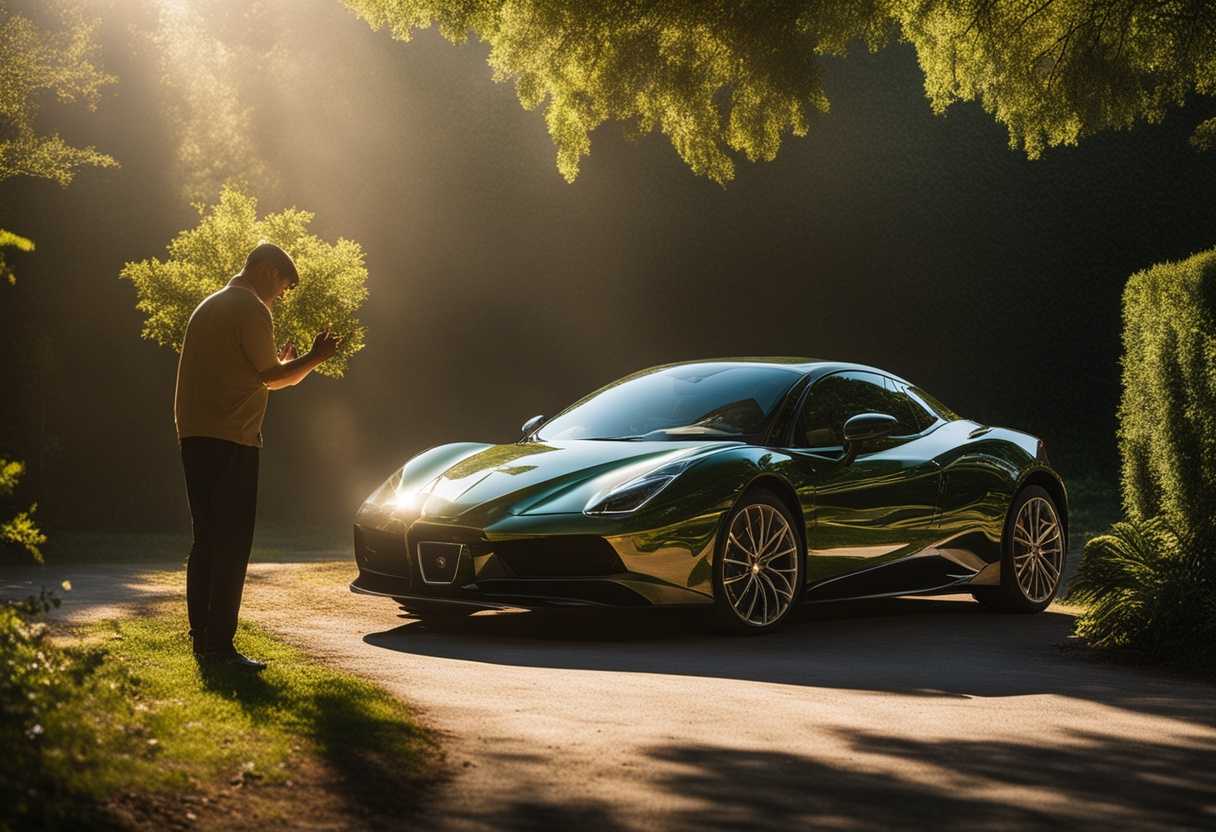 A-person-prays-over-a-shining-car-bathed-in-morning-light-and-lush-greenery_bkfi