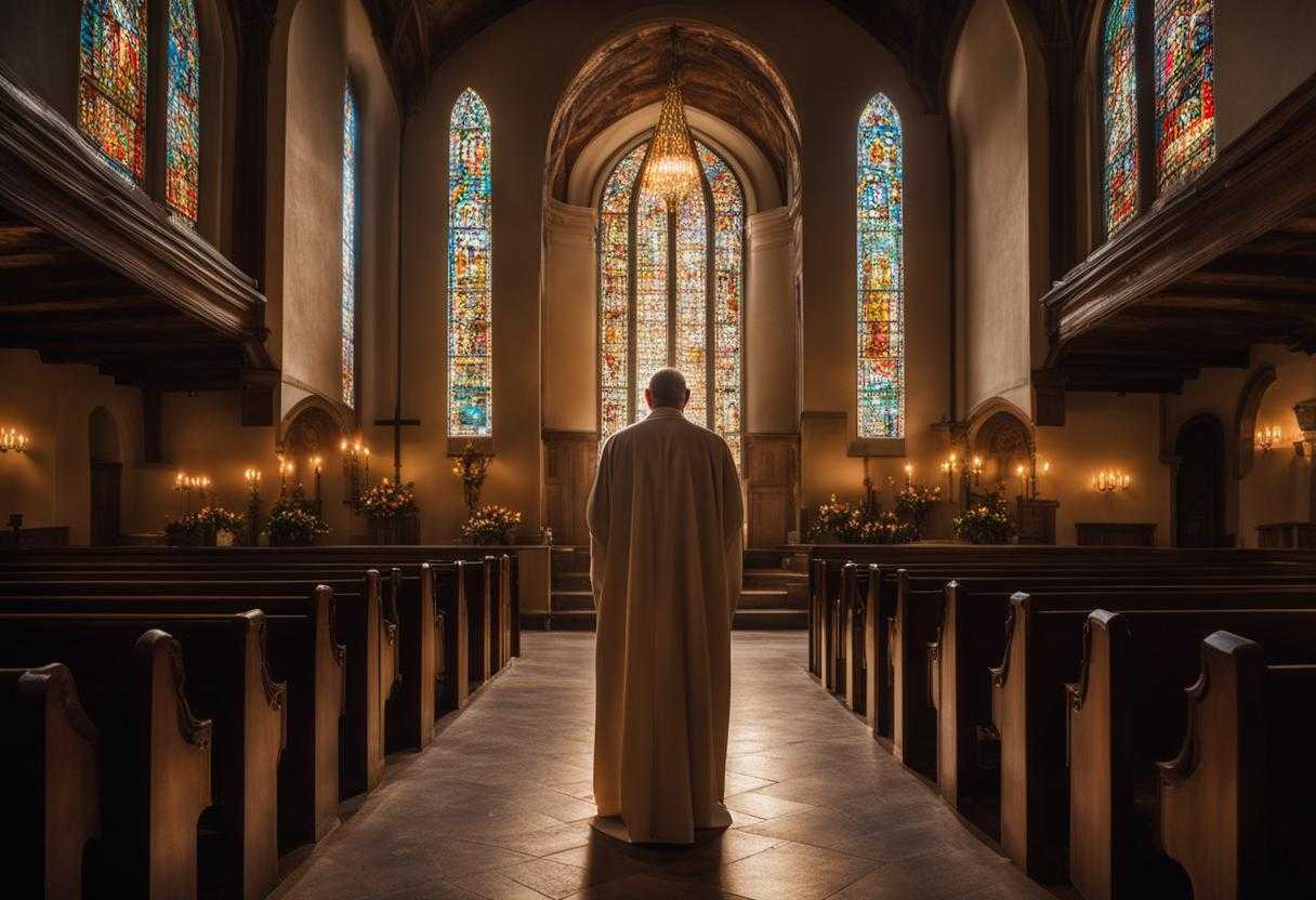priest-standing-in-the-center-surrounded-by-the-community-heads-bowed-in-prayer-hands-clasped-in-_cxvh