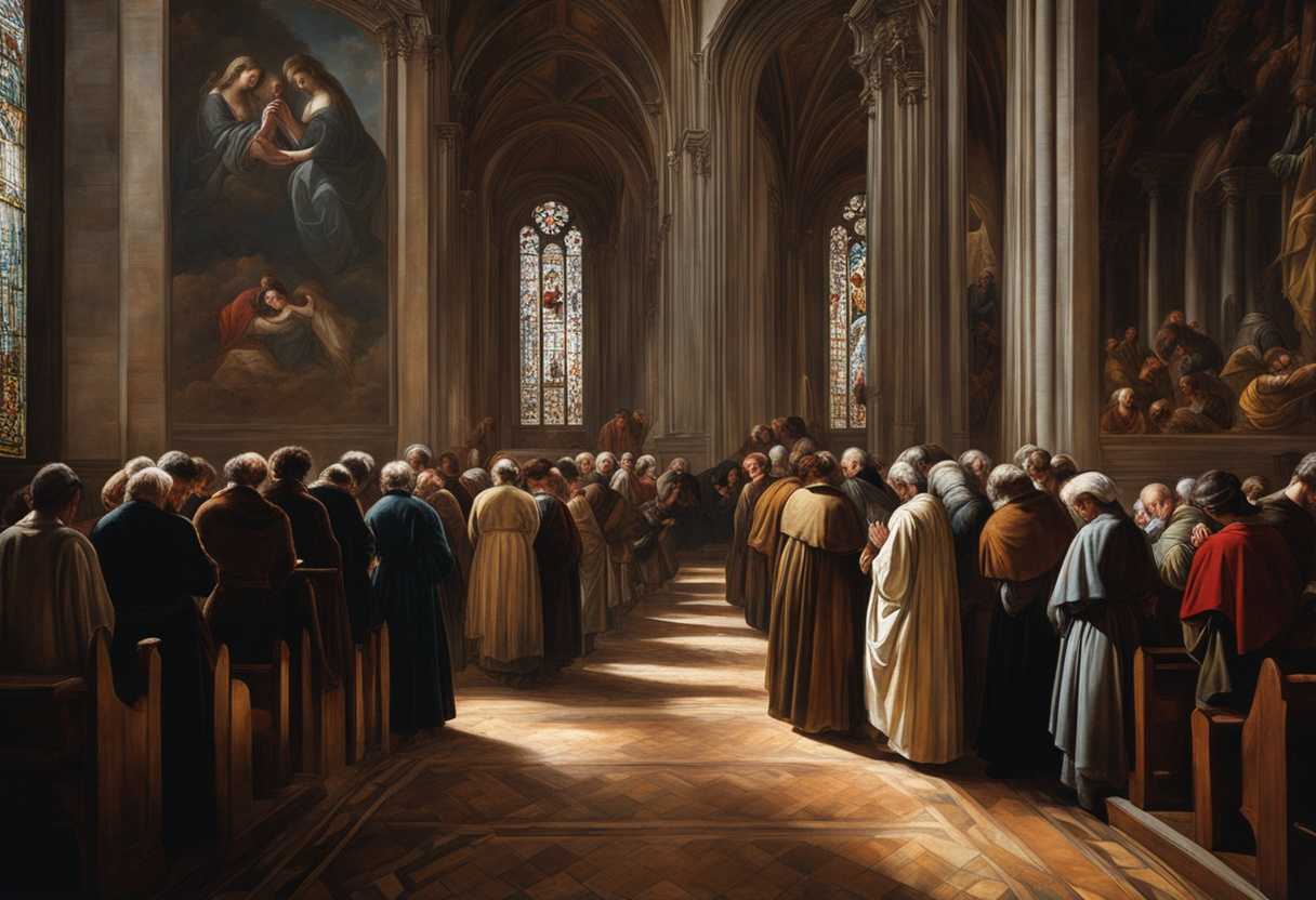 People-in-a-French-church-pray-together-heads-bowed-hands-clasped-surrounded-by-stained-glass_bpnm
