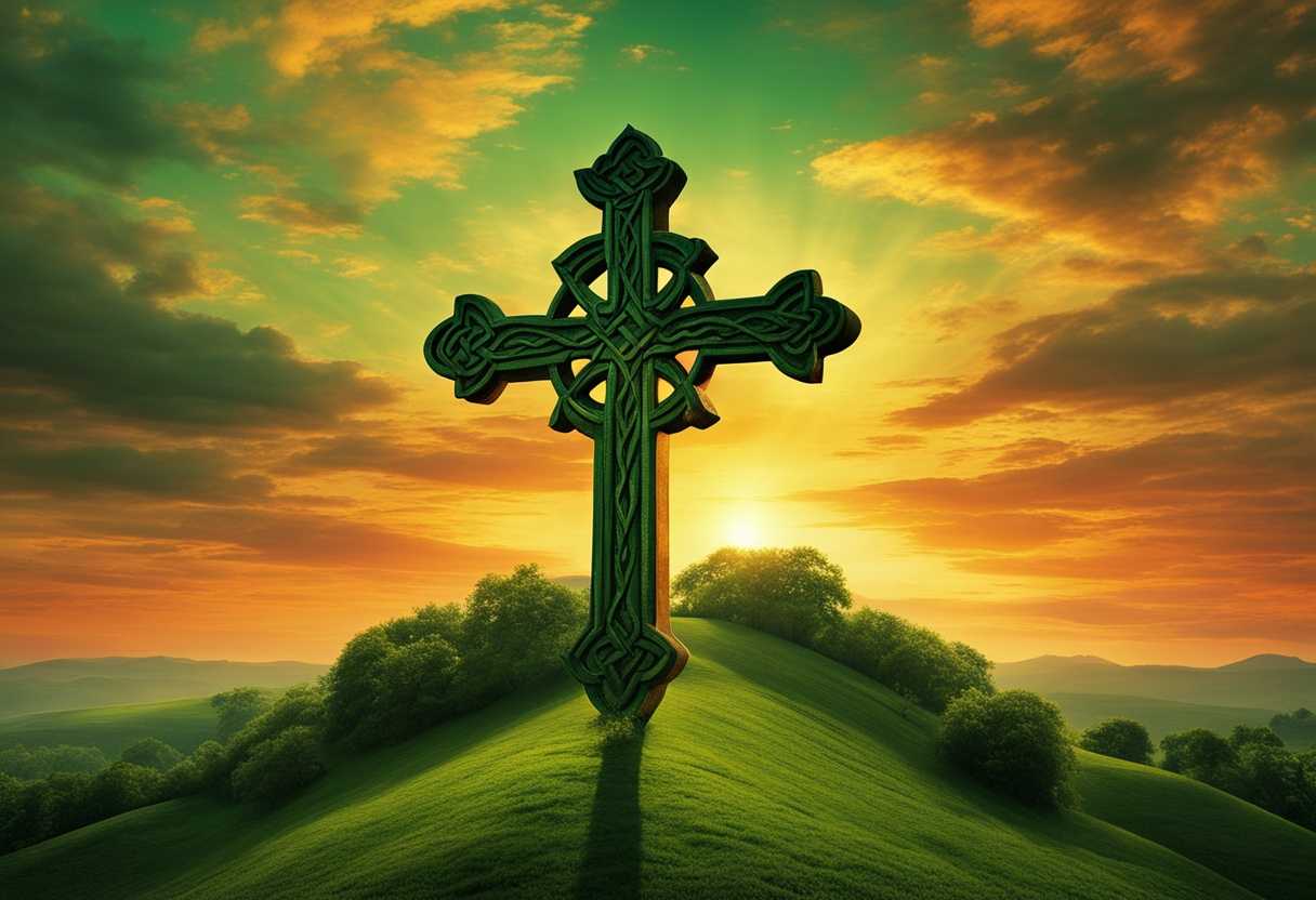 A-vibrant-sunrise-over-a-lush-green-landscape-symbolizing-hope-and-resilience-with-a-Celtic-cross_ujub