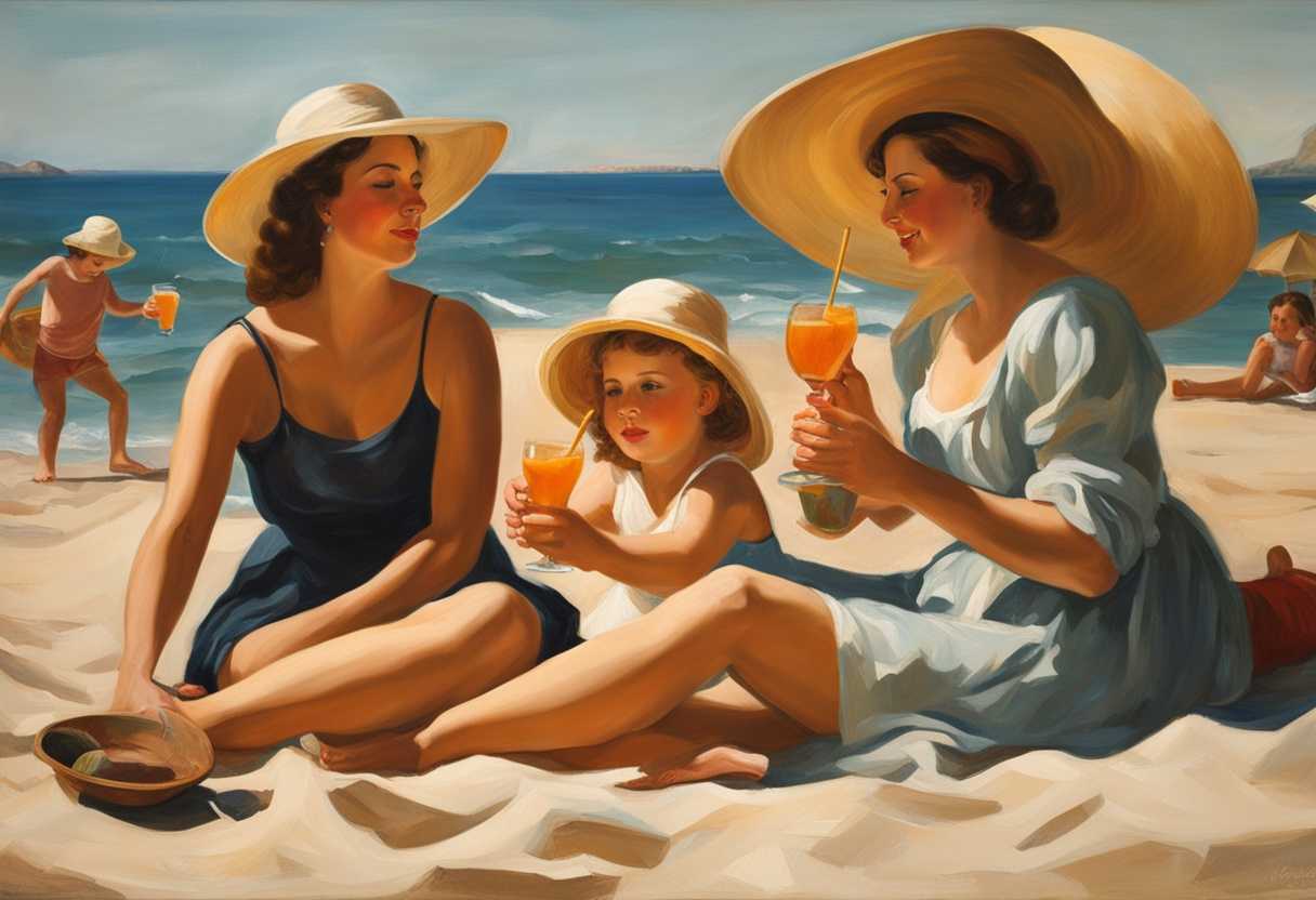 Family-enjoying-a-sunny-beach-day-applying-sunscreen-wearing-hats-and-sipping-refreshing-drinks_vilp