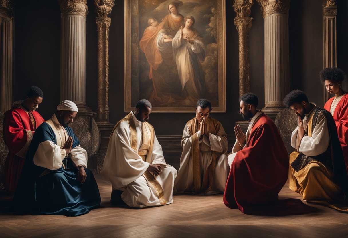Diverse-group-in-traditional-attire-pray-together-with-closed-eyes-embodying-unity-and-spirituality_zpoy