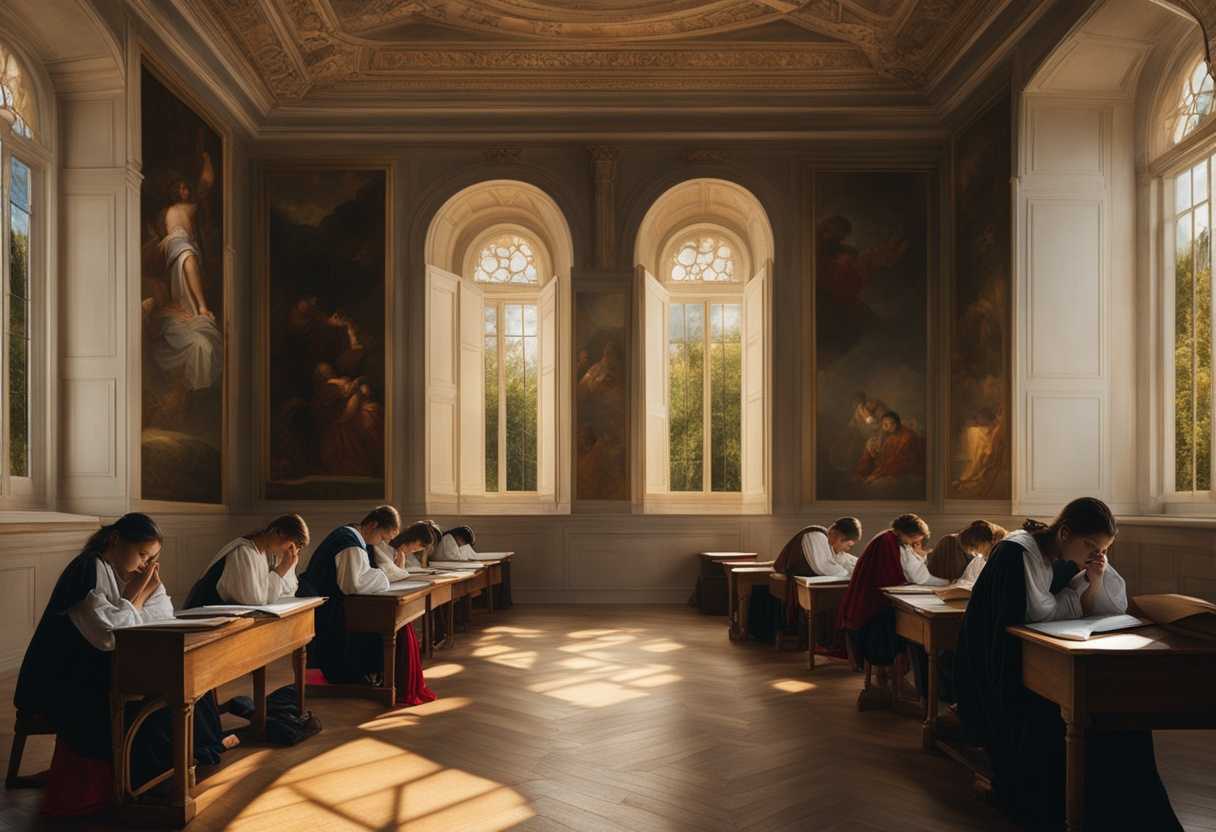 Students-in-a-serene-classroom-heads-bowed-in-prayer-soft-light-filtering-through-windows_owkp