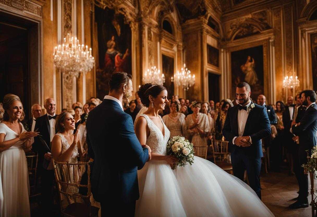 bride-and-groom-surrounded-by-wedding-guests-candid-moment-heartfelt-prayer-warm-glow-romantic-a_ojbb