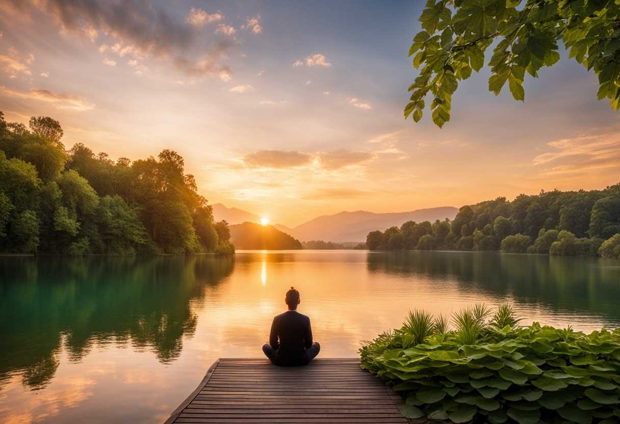 Serene-lake-at-sunset-person-meditating-surrounded-by-lush-greenery-peaceful-atmosphere-soft-lig_kqkl