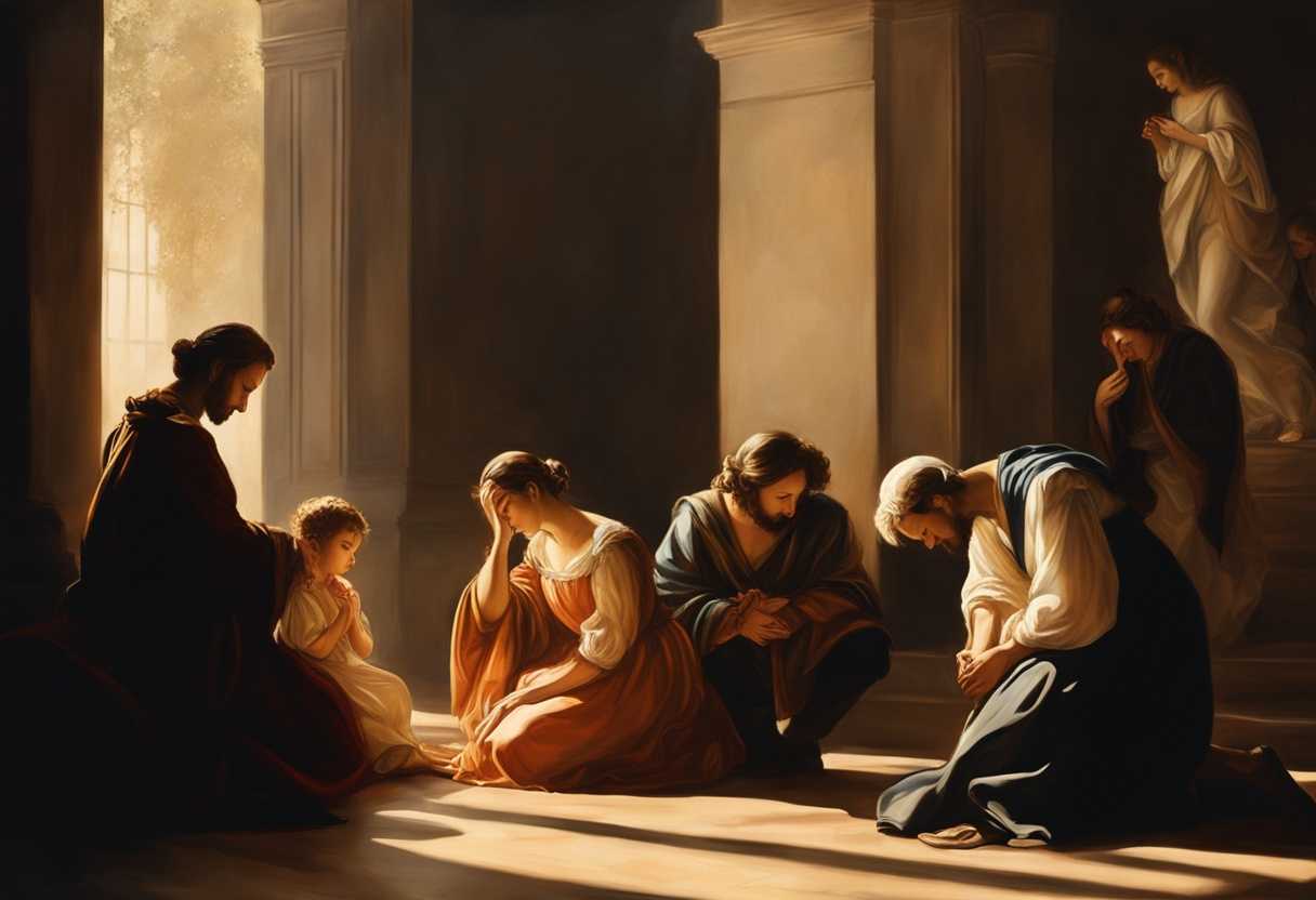Family-gathers-in-a-circle-heads-bowed-in-prayer-surrounded-by-warm-sunlight-and-love_mwmj