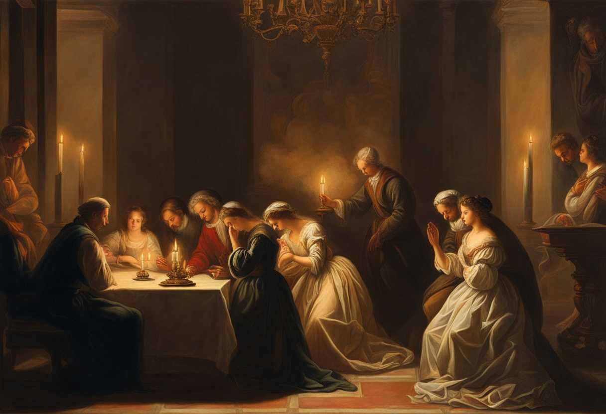 Family-gathers-in-candlelit-room-heads-bowed-in-prayer-radiating-peace-and-unity_kmah