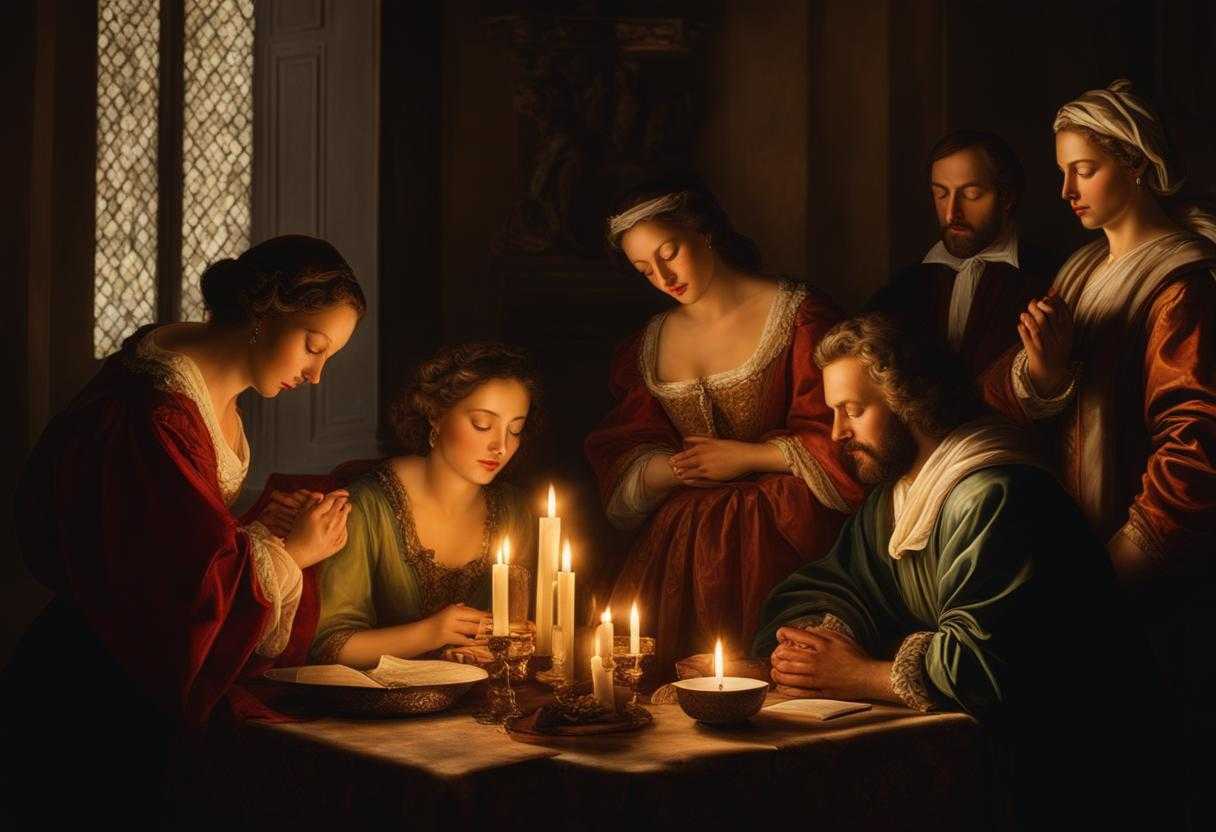 Husband-surrounded-by-loved-ones-eyes-closed-in-prayer-bathed-in-warm-candlelight_aamh