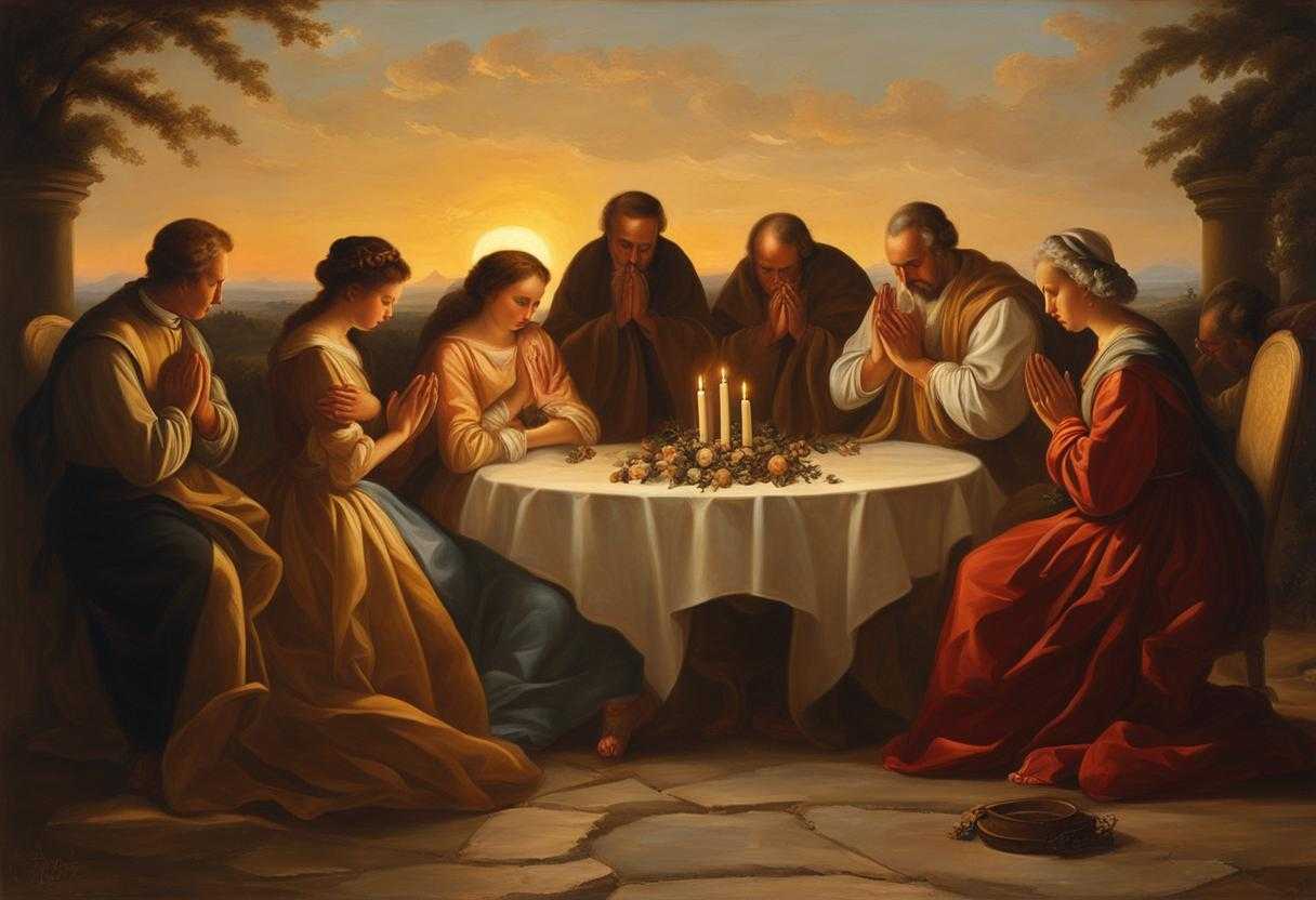 Family-circle-at-sunset-heads-bowed-in-prayer-hands-clasped-serene-unity-and-tradition_wgih