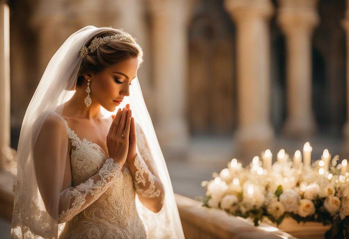 A-bride-in-a-delicate-lace-gown-bathed-in-soft-golden-light-closes-her-eyes-in-prayer_efvz