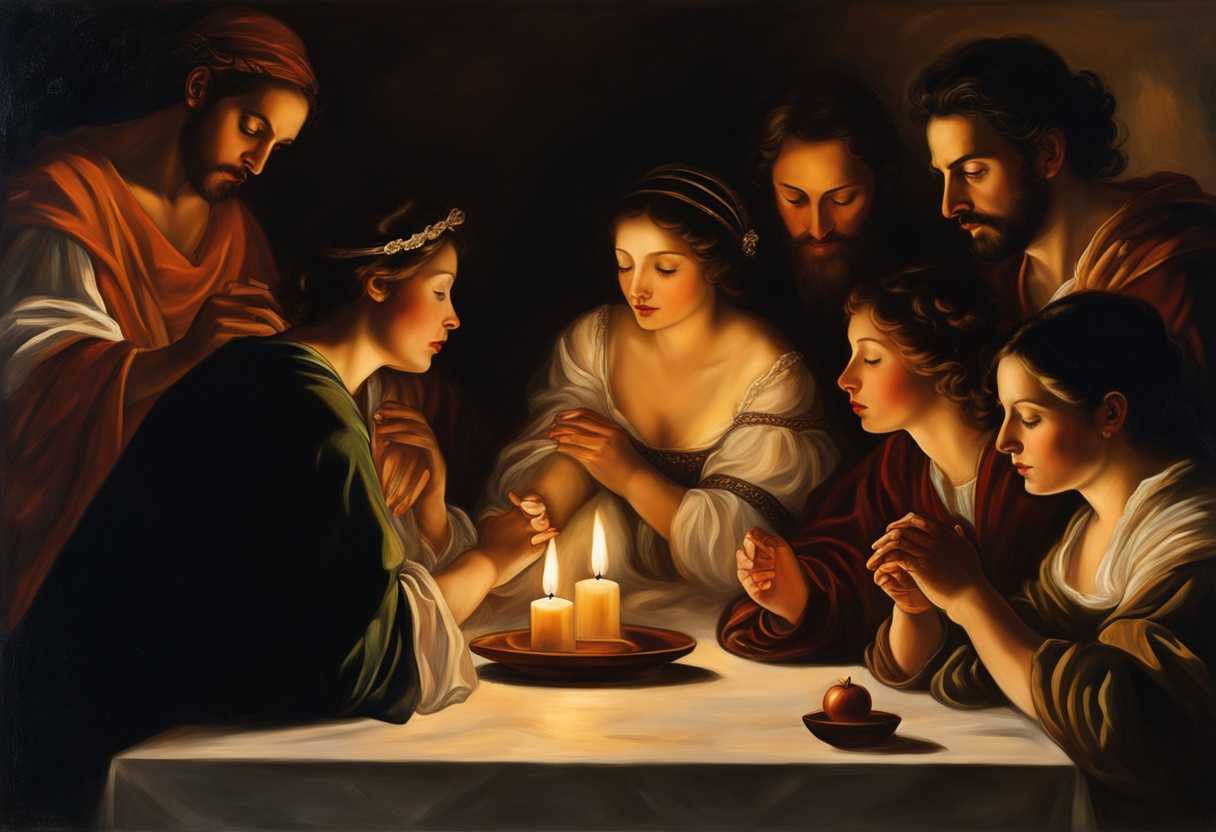 Warm-gathering-of-loved-ones-hands-clasped-in-prayer-serene-atmosphere-glowing-candles-heartfelt_argw