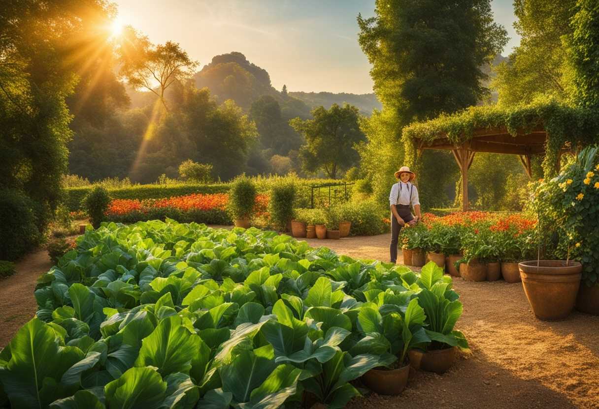 Lush-garden-with-vibrant-crops-farmer-smiling-golden-sunlight-serene-atmosphere-gratitude-in-the_fcrl